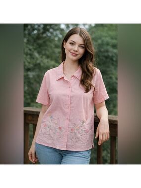 Vintage Embroidered Butterflies Flowers Pastel Shirt